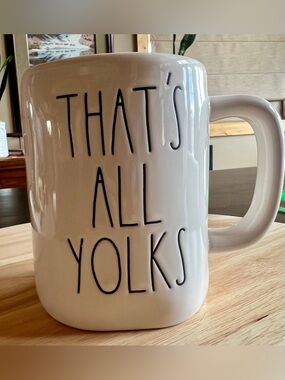 Rae Dunn White Ceramic Mug with Black Lettering - "THAT'S ALL YOLKS"